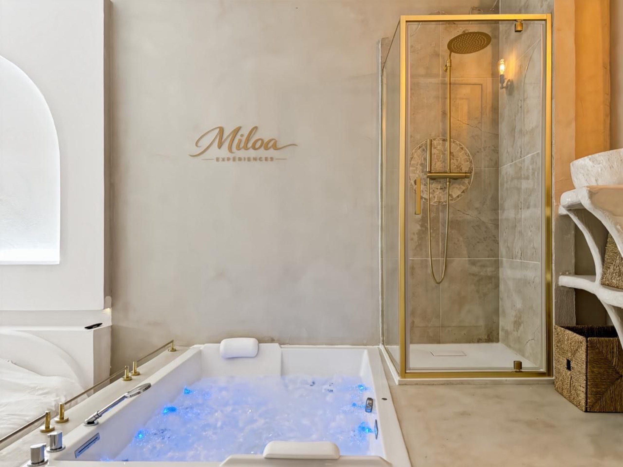 Jacuzzi and gold shower, blue night lighting