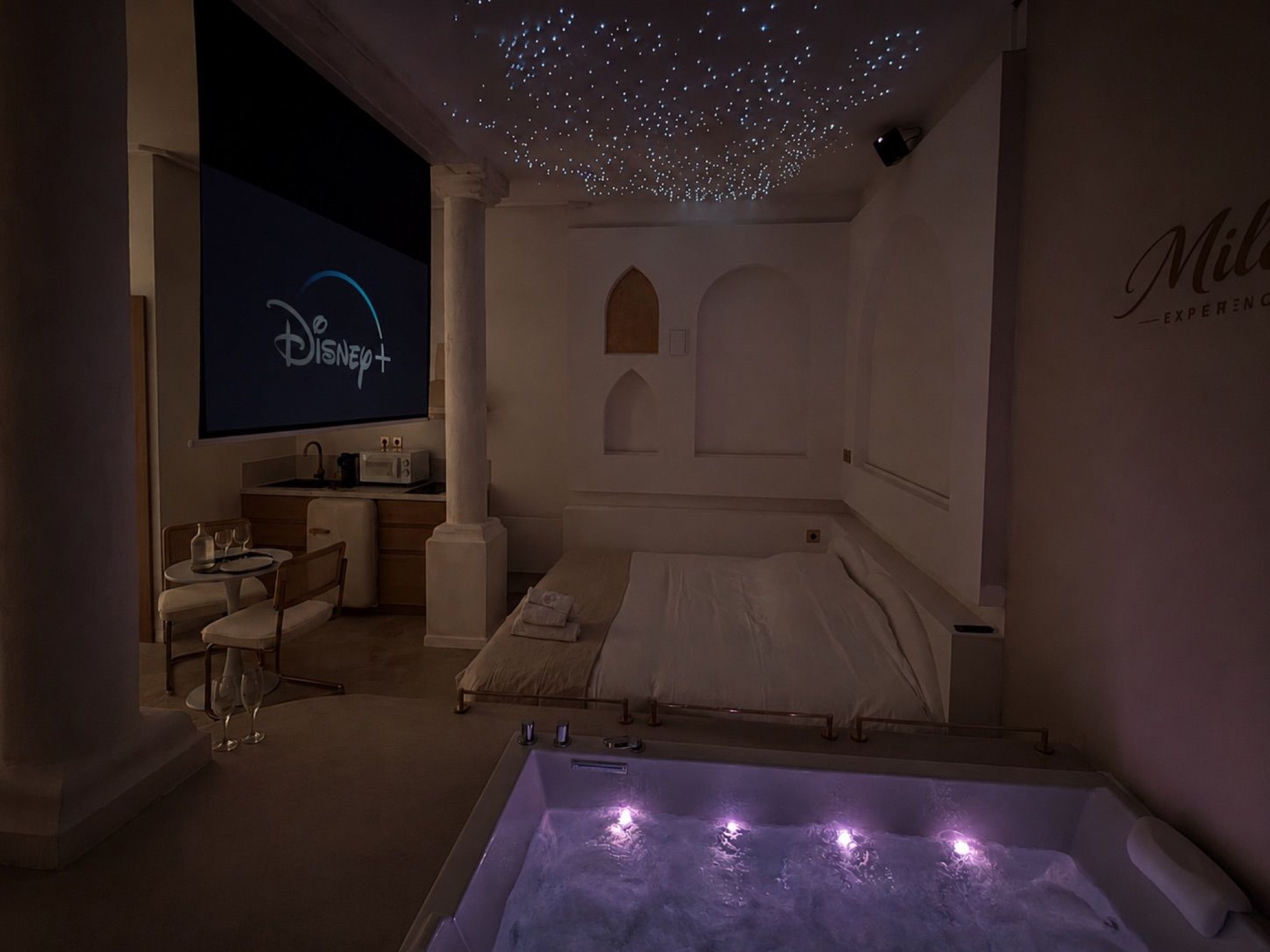 Night mood: starlit ceiling, screen and purple jacuzzi