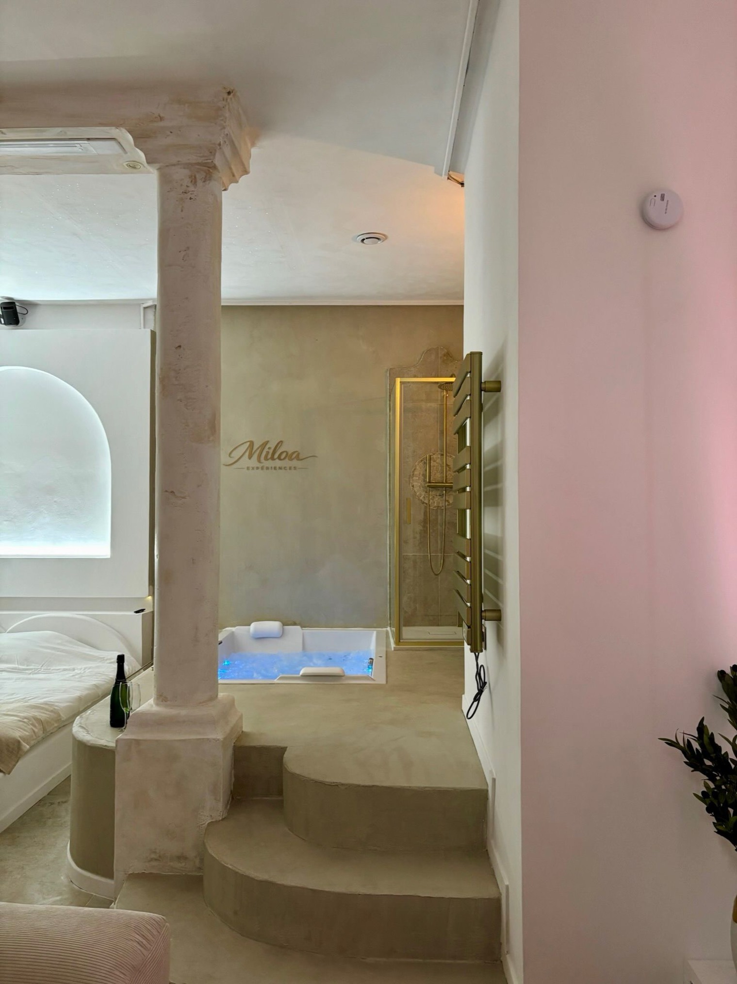 Jacuzzi and stairs leading to the lounge, pink mood