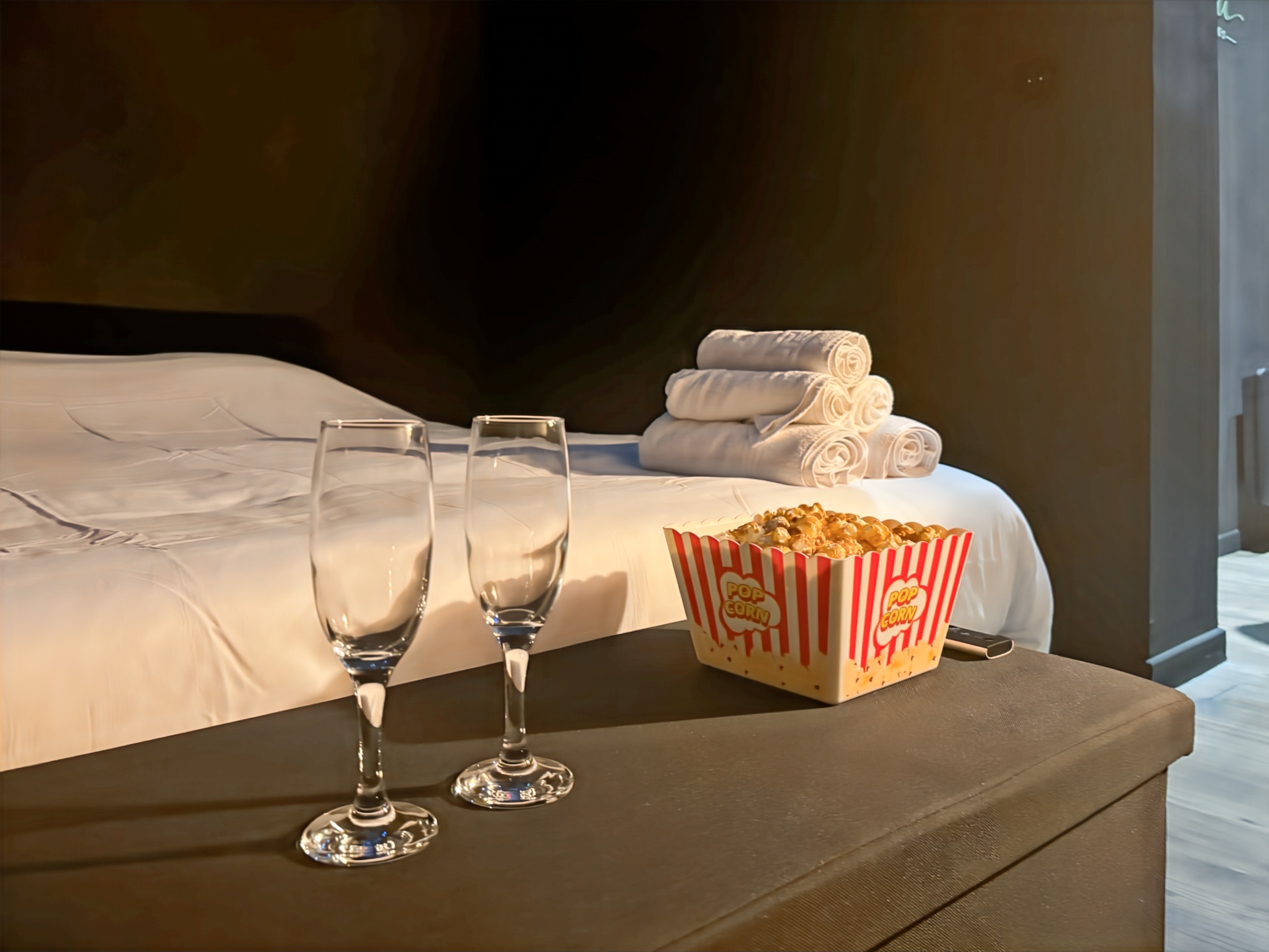 Champagne and popcorn ready for the private screening