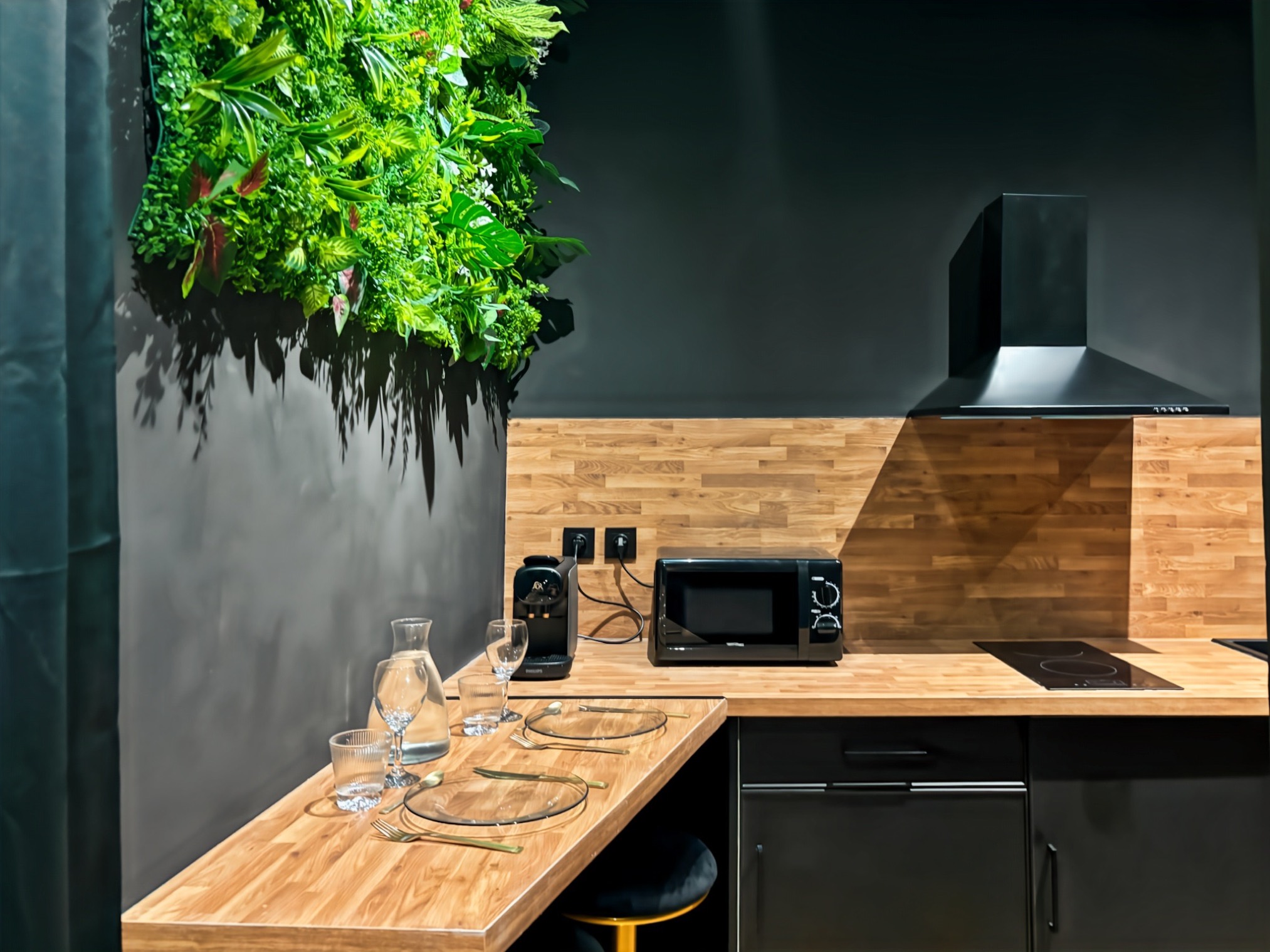 Kitchenette and bar corner with living wall in the Ciné Room